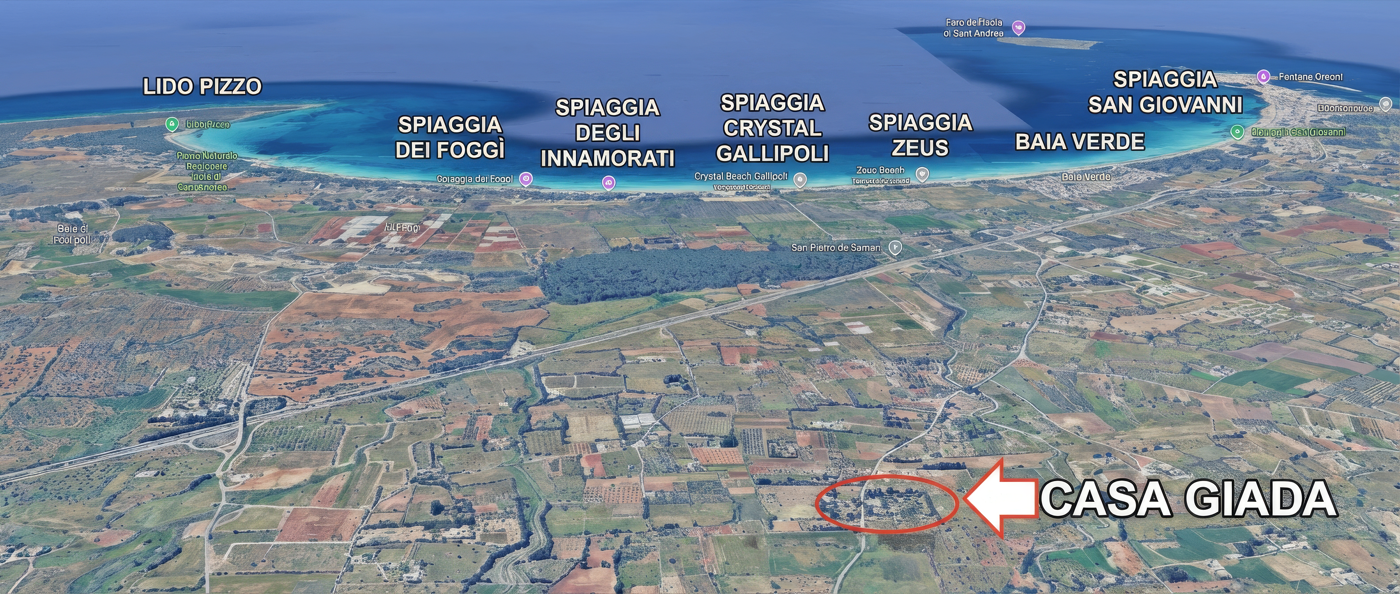Map showing Casa Giada's proximity to Salento beaches
